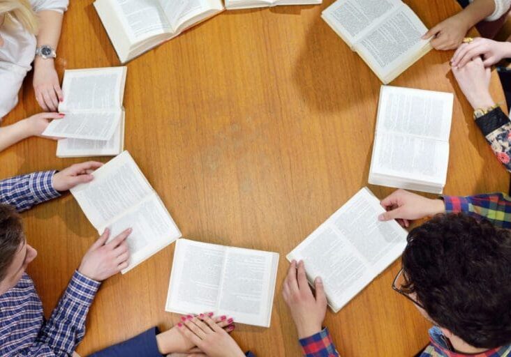 happy young teens group in school have fun an learning lessons